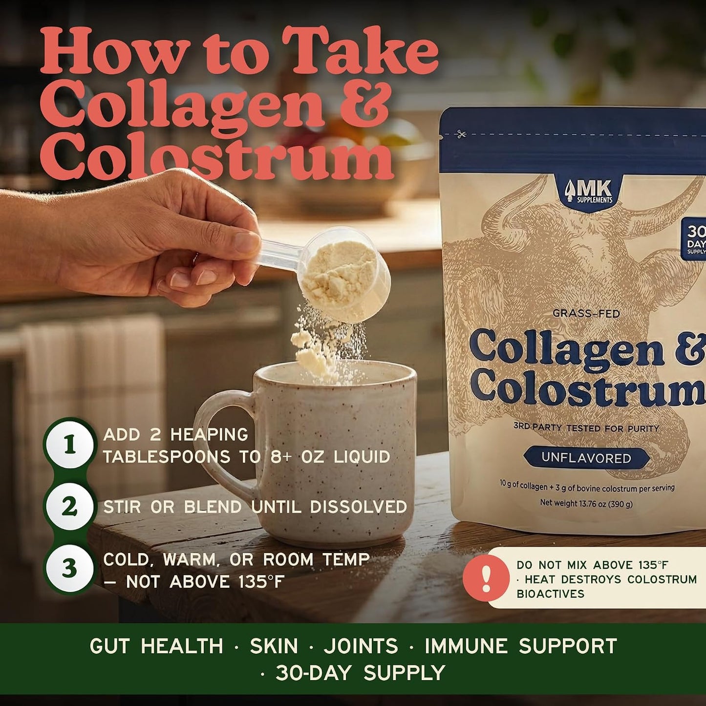 MK Supplements Grass-Fed Collagen & Colostrum Powder, Unflavored, IgG 21% | Collagen Types I & II plus Bone Peptides and Whole-Food Calcium Matrix, New Zealand Raised