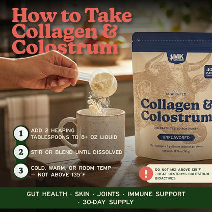 MK Supplements Grass-Fed Collagen & Colostrum Powder, Unflavored, IgG 21% | Collagen Types I & II plus Bone Peptides and Whole-Food Calcium Matrix, New Zealand Raised