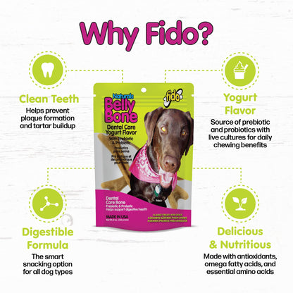 Fido Belly Bones for Dogs, Mini - 21 Count - Yogurt-Flavor Dental Treats for Small Dogs - Plaque & Tartar Control for Fresh Breath - Digestive Support - Made in USA