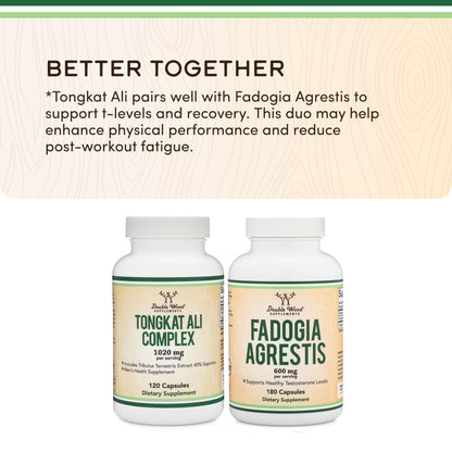 Tongkat Ali Extract - Ultra High Potency 200:1 - for Men (Longjack) Eurycoma Longifolia, 1000mg per Serving, 120 Capsules - with 20mg Tribulus Terrestris (Third Party Tested) by Double Wood