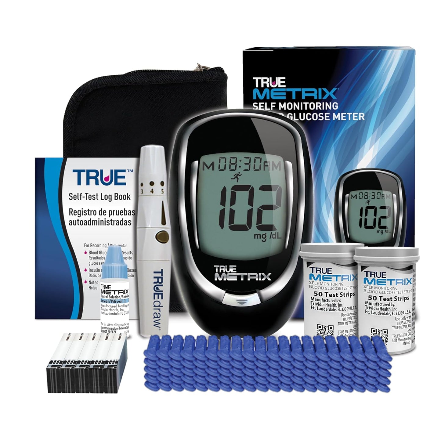 TRUE METRIX Meter Kit, Glucose Monitor, Supplies, Log Book, Solution | Includes Blood Glucose Meter, Case, 100 Test Strips, 100 Lancets, Lancing Device, Control Solution, Log Book