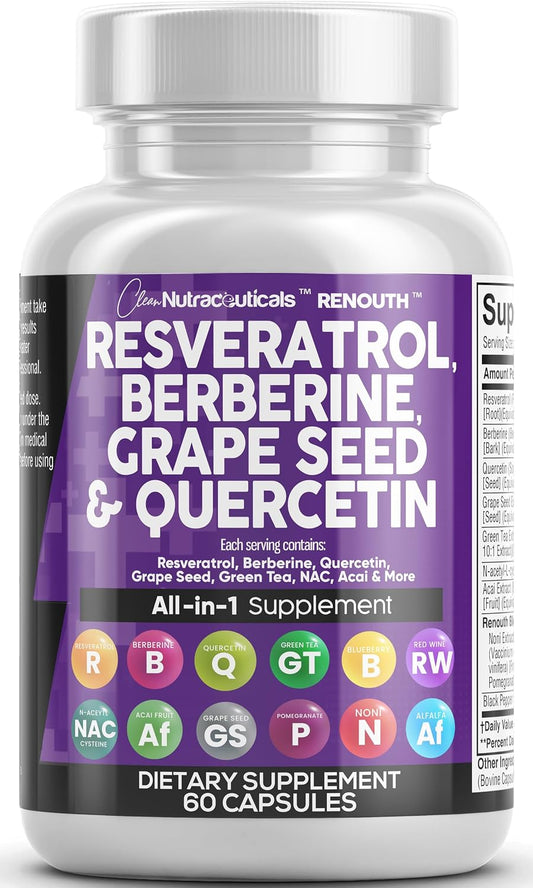 Clean Resveratrol Supplement | Berberine Grape Seed Extract Quercetin Green Tea Extract Acai Noni Polyphenol Supplement for Women & Men N-Acetyl Cysteine