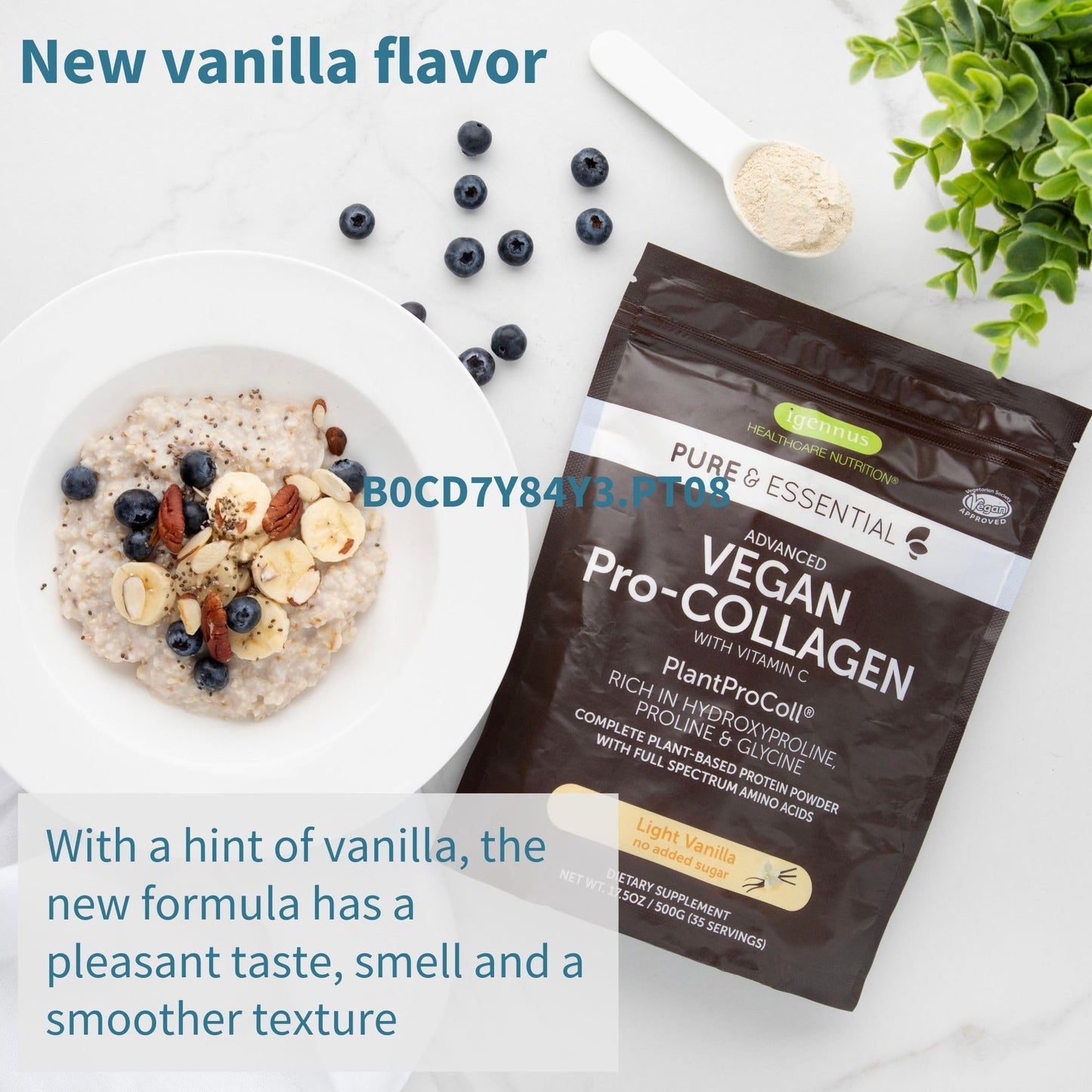 Igennus Advanced Vegan Vanilla Collagen Peptide Powder, Enhanced with Glycine, Proline & Hydroxyproline & Cofactor Vitamin C, Non GMO, Vegetarian Plant Based Collagen Powder Booster, 35 Servings
