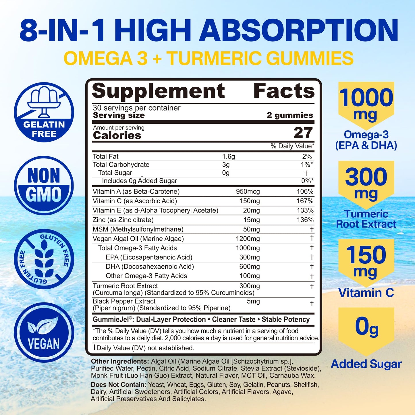 Omega-3 Gummies + Turmeric - Omega 3 Fish Oil Alternative for Adults - Algae DHA 600mg & EPA 300mg, Vitamins A, C, E, Zinc & MSM, Sugar Free, 60 Cts