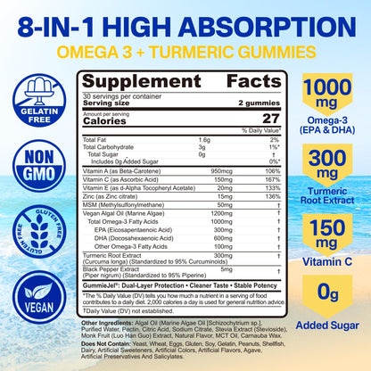 Omega-3 Gummies + Turmeric - Omega 3 Fish Oil Alternative for Adults - Algae DHA 600mg & EPA 300mg, Vitamins A, C, E, Zinc & MSM, Sugar Free, 60 Cts