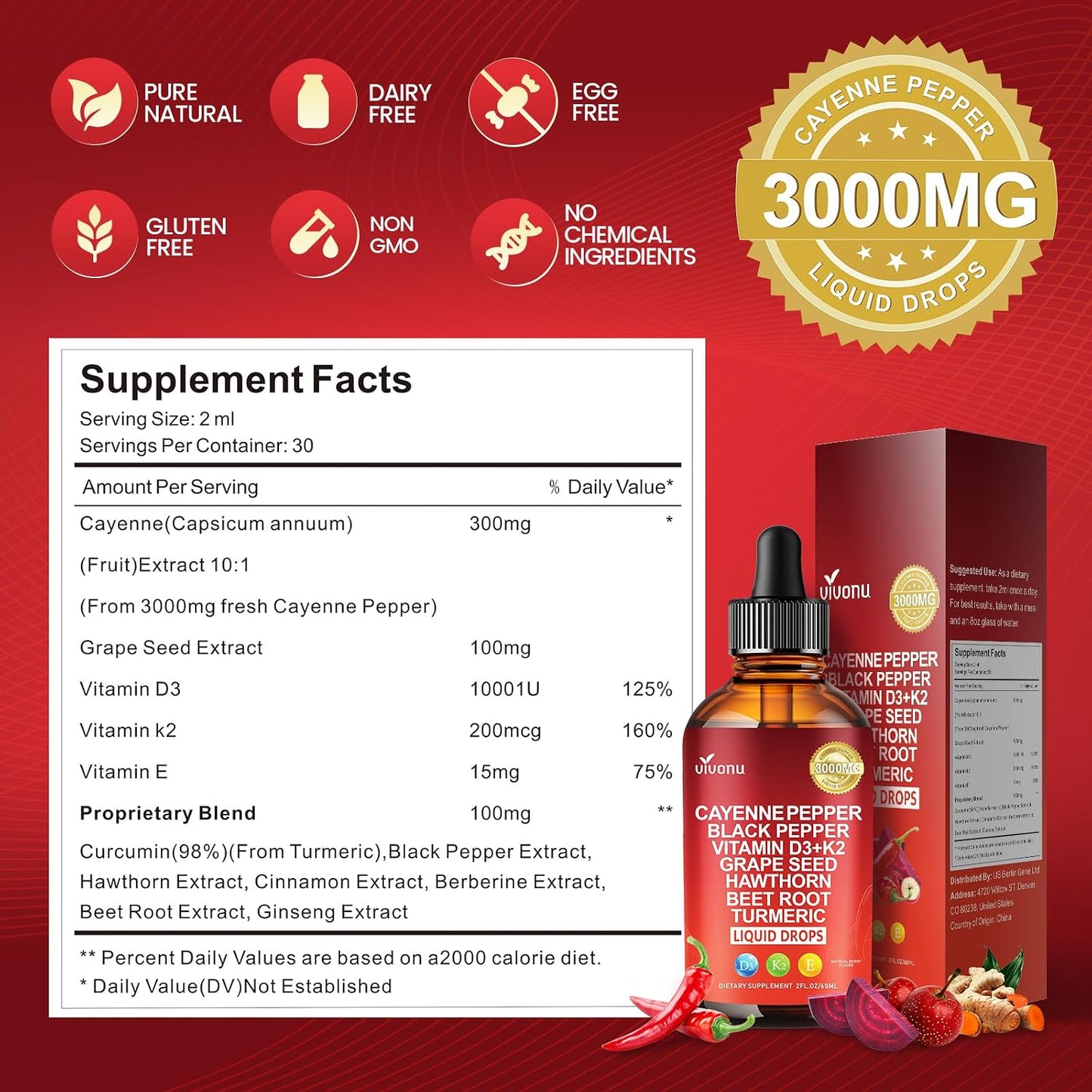 VivoNu Cayenne Pepper Softgels Supplement, Supports Leg Vein, Heart and Blood Vessel Health, with Vitamin E D3+K2 and Extracts of Grape Seed, Hawthorn, Beetroot, Berberine (Drops /1 Bottle)