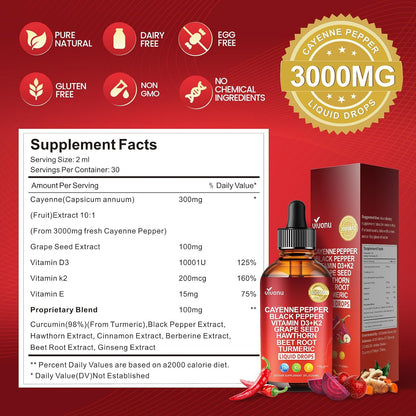 VivoNu Cayenne Pepper Softgels Supplement, Supports Leg Vein, Heart and Blood Vessel Health, with Vitamin E D3+K2 and Extracts of Grape Seed, Hawthorn, Beetroot, Berberine (Drops /1 Bottle)