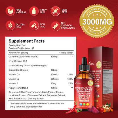 Cayenne Pepper Softgels Supplement, Supports Leg Vein, Heart and Blood Vessel Health, with Vitamin E D3+K2 and Extracts of Grape Seed, Hawthorn, Beetroot, Berberine and Others (Softgels / 1 Bag)