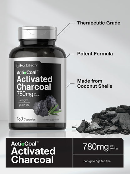 Horbaach Charcoal Pills 780mg | 180 Capsules | Activated Charcoal from Coconut Shells