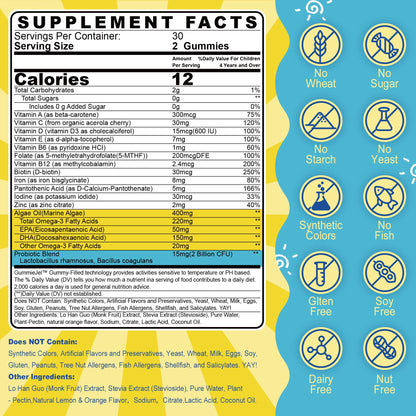 Kids Multivitamin Gummies with Iron, Sugar Free, Kids Daily Vitamins + Probiotics, Algae Omega 3 (EPA/DHA), A, C, D, Methyl B12, Folate, B6, Zinc, Biotin, for Healthy Growth, Immune Support, 60 Count
