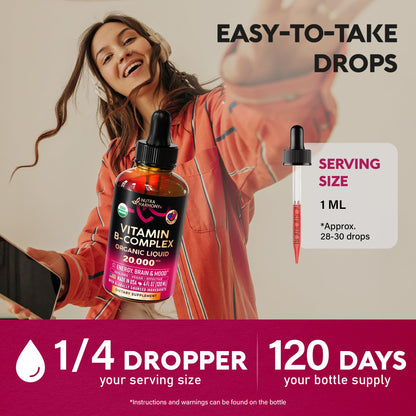 USDA Organic Vitamin B-Complex B5 Pantothenic Acid | B12 Methylcobalamin | B1 Thiamine | B6 Pyridoxine | B7 Biotin | B9 Folic | B3 Niacinamide - B Complex Liquid Drops, Natural Berry Flavor, 2fl oz