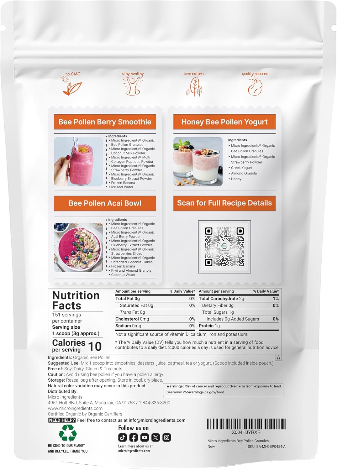 Micro Ingredients Organic Bee Pollen Granules, 1 lb | Fresh Harvest, Raw & Natural Superfood | Rich in B Vitamins, Minerals, Protein & Antioxidants | Keto, Non-GMO