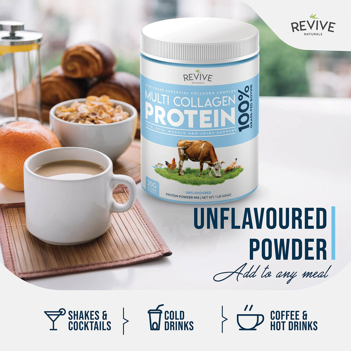 Revive Naturals Multi Collagen Hydrolyzed Protein Powder (16oz) - Types I, II, III, V & X