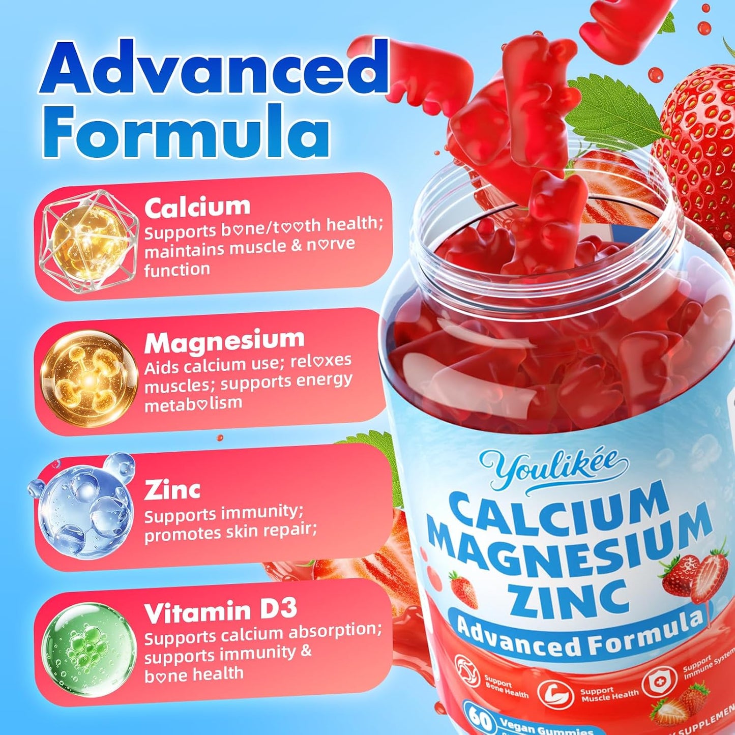 Calcium Magnesium Zinc Gummies for Adult, Calcium Citrate with Vitamin D3 | High Absorption Calcium Magnesium Supplement for Women & Men, Sugar-Free, Strawberry Flavor, 60 Count