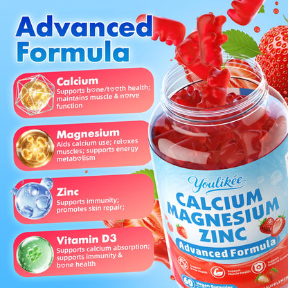 Calcium Magnesium Zinc Gummies for Adult, Calcium Citrate with Vitamin D3 | High Absorption Calcium Magnesium Supplement for Women & Men, Sugar-Free, Strawberry Flavor, 60 Count