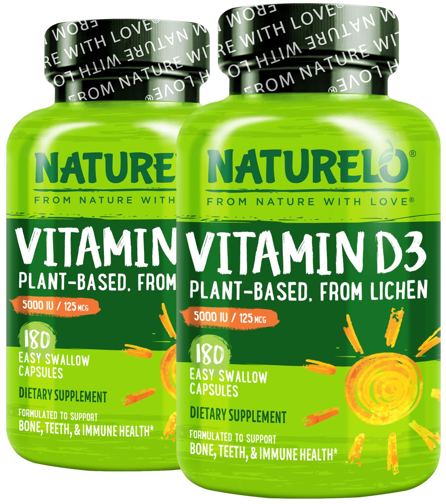 NATURELO Vitamin D - 5000 IU - Plant Based from Lichen - Natural D3 Supplement for Immune System, Bone Support, Joint Health - High Potency - Vegan - Non-GMO - Gluten Free - 180 Capsules