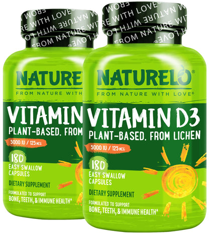 NATURELO Vitamin D - 5000 IU - Plant Based from Lichen - Natural D3 Supplement for Immune System, Bone Support, Joint Health - High Potency - Vegan - Non-GMO - Gluten Free - 180 Capsules