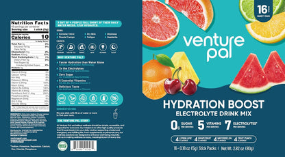 Venture Pal Sugar Free Electrolyte Powder Packets, Keto Friendly, 16 Sticks | Liquid Daily IV Hydration Packets for Rapid Rehydration. 7 Electrolytes & 5 Vitamins | Non-GMO | Vegan | Fast Dissolve
