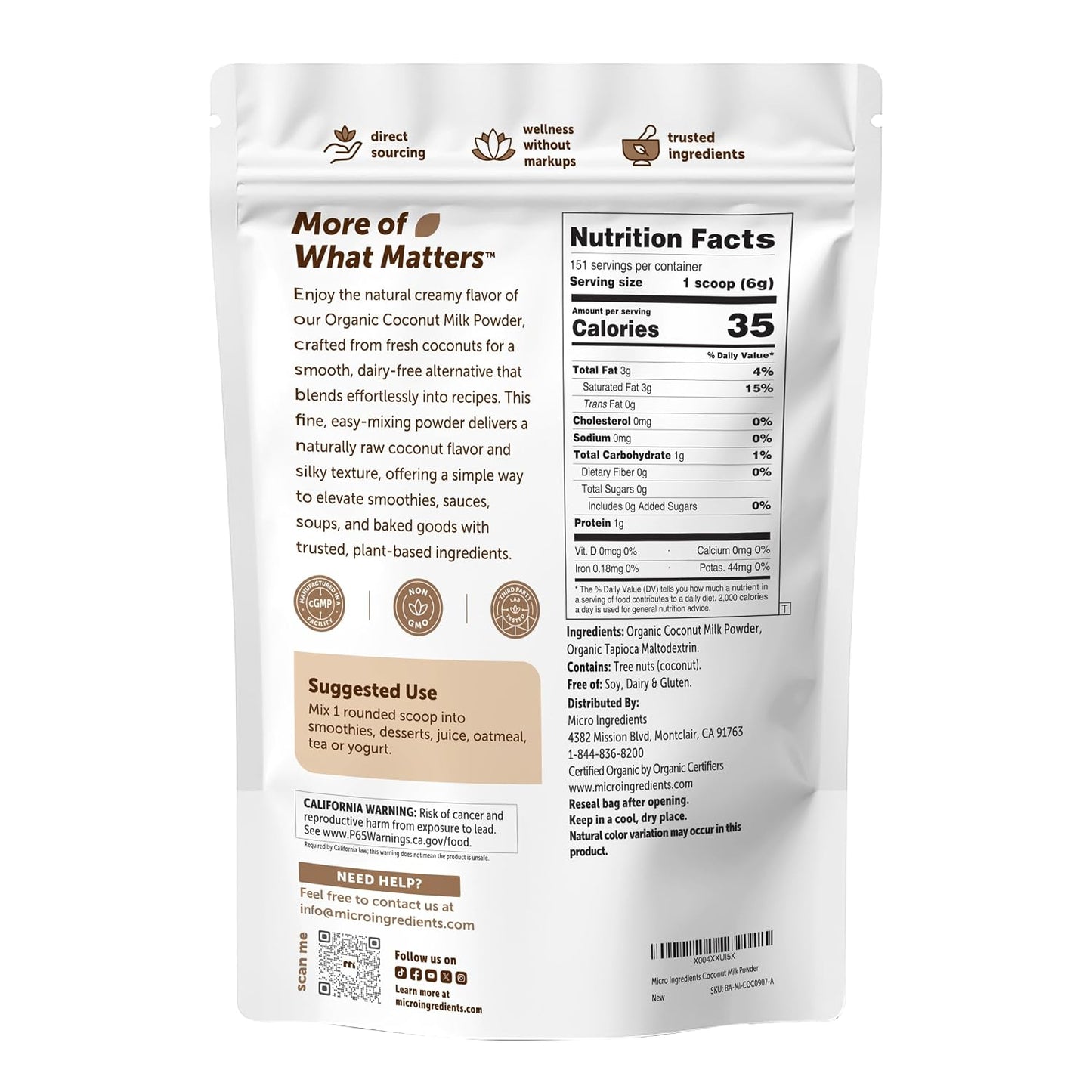 Micro Ingredients Organic Coconut Milk Powder, 2 Lb | Plant-Based Creamer for Coffee, Tea & Smoothies | Rich & Creamy, Easy Mixing | Non-GMO, Gluten-Free, Keto & Paleo Friendly