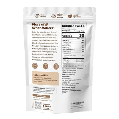 Micro Ingredients Organic Coconut Milk Powder, 2 Lb | Plant-Based Creamer for Coffee, Tea & Smoothies | Rich & Creamy, Easy Mixing | Non-GMO, Gluten-Free, Keto & Paleo Friendly