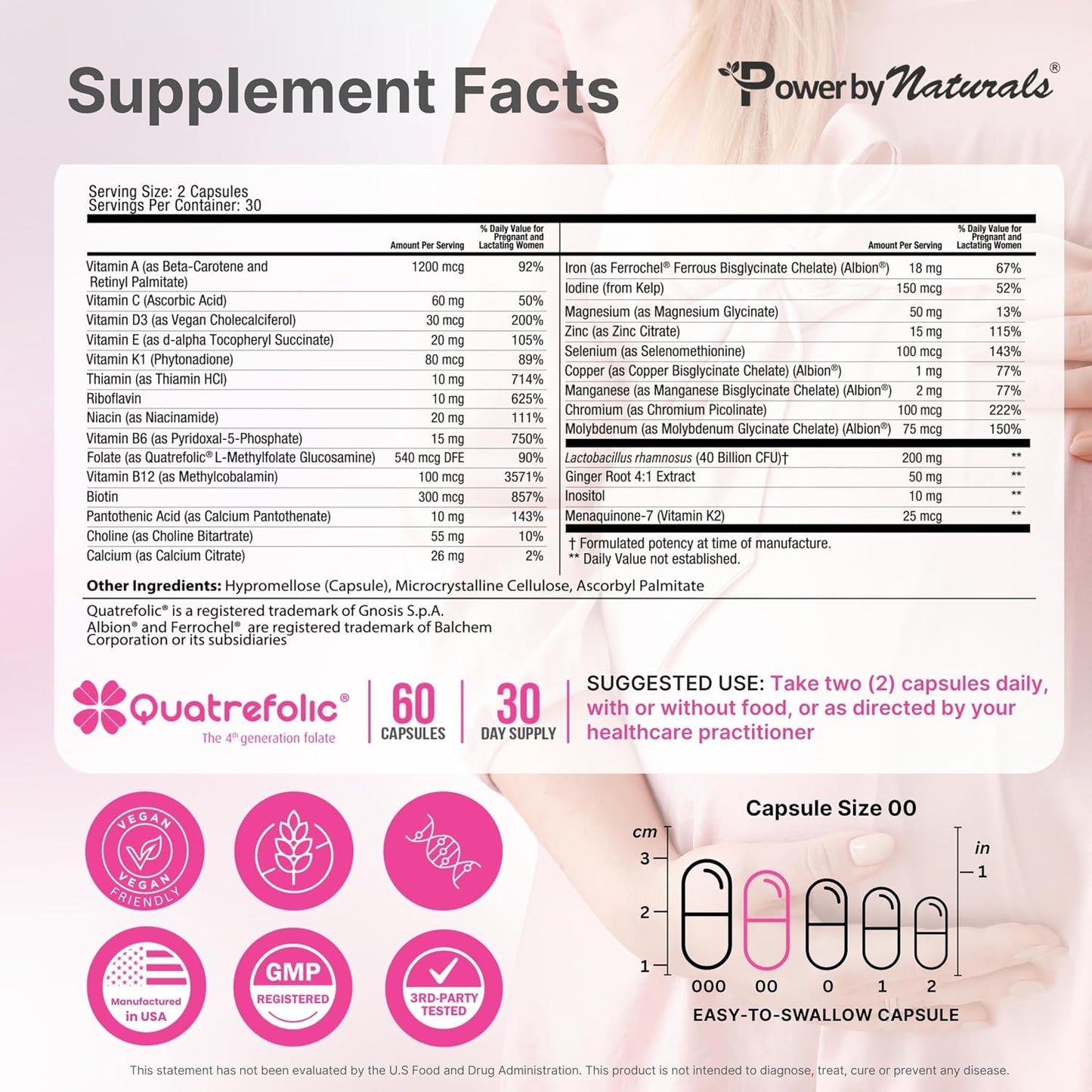 Power By Naturals Methyl Prenatal with Probiotics – Prenatal Vitamins for Women with Iron, Methyl Folate, B12 & 28 Nutrients & Botanicals – Vegan, Non-GMO, Gluten-Free – 60 Capsules (1-Month Supply)