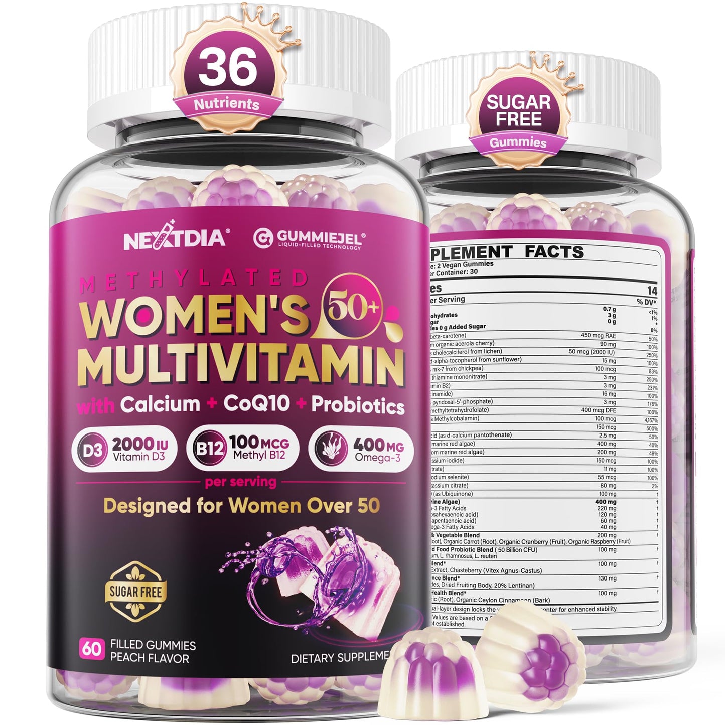 Multivitamin for Women 50 Plus Gummies, Vegan Omega 3, Methylfolate, Calcium, D3 K2, Probiotics CoQ10, Daily Vitamin A C E Methylated B12 Biotin B Complex Zinc -Bone Energy Longevity -Sugar Free 60Cts