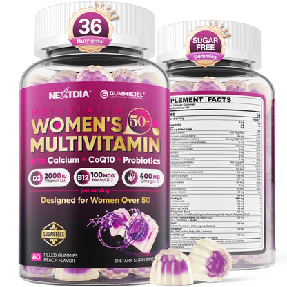 Multivitamin for Women 50 Plus Gummies, Vegan Omega 3, Methylfolate, Calcium, D3 K2, Probiotics CoQ10, Daily Vitamin A C E Methylated B12 Biotin B Complex Zinc -Bone Energy Longevity -Sugar Free 60Cts
