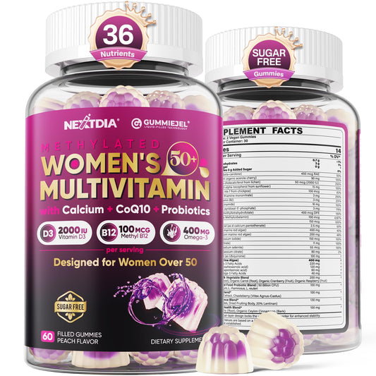 Multivitamin for Women 50 Plus Gummies, Vegan Omega 3, Methylfolate, Calcium, D3 K2, Probiotics CoQ10, Daily Vitamin A C E Methylated B12 Biotin B Complex Zinc -Bone Energy Longevity -Sugar Free 60Cts