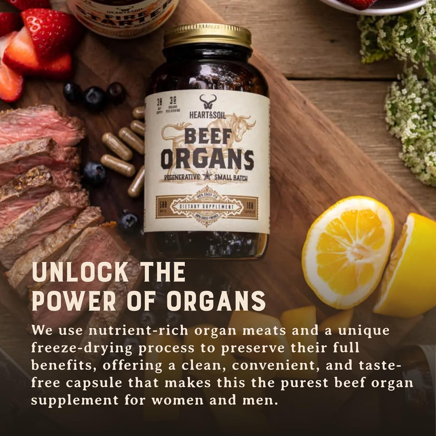 HEART & SOIL Beef Organs Supplement, 180 Capsules | 100% grass fed & finished from regenerative cattle with liver, heart, kidney, pancreas & spleen. 3000mg formula.