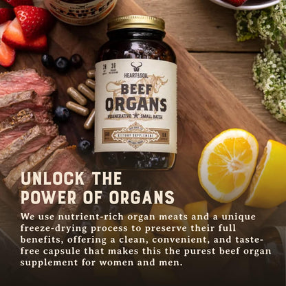 HEART & SOIL Beef Organs Supplement, 180 Capsules | 100% grass fed & finished from regenerative cattle with liver, heart, kidney, pancreas & spleen. 3000mg formula.
