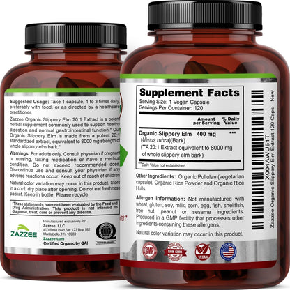Zazzee USDA Organic Slippery Elm Bark 20:1 Extract, 120 Vegan Capsules, 4 Month Supply, Ulmus Rubra, Digestive, Throat & Mucosal Support, Herbal Supplement, All-Natural, Non-GMO, Made in the USA