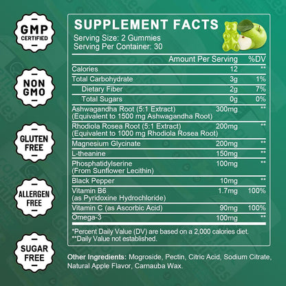 GORNVB Cortisol Gummies, Cortisol Supplement for Women with Magnesium, Ashwagandha, Rhodiola, Phosphatidylserine, L-Theanine, Black Pepper, Vitamin C & B6 - Relaxation, Focus, Sleep Support - 2 Pack