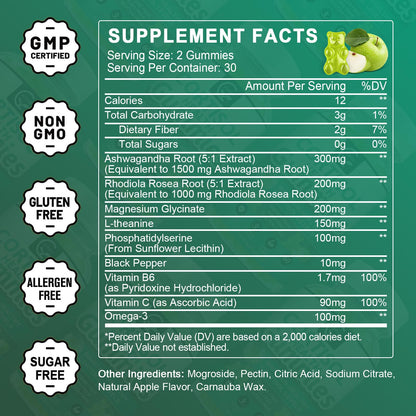 GORNVB Cortisol Gummies, Cortisol Supplement for Women with Magnesium, Ashwagandha, Rhodiola, Phosphatidylserine, L-Theanine, Black Pepper, Vitamin C & B6 - Relaxation, Focus, Sleep Support - 2 Pack