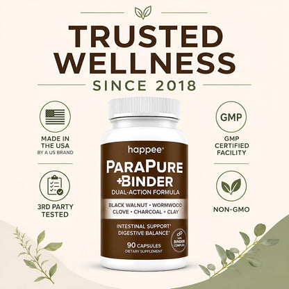 Happee ParaPure Cleanse with Binder for Humans, Intestinal Support, 2-in-1 | Wormwood, Black Walnut, Clove with Charcoal Binder for Digestive Balance (No Stack Needed) 90 Capsules