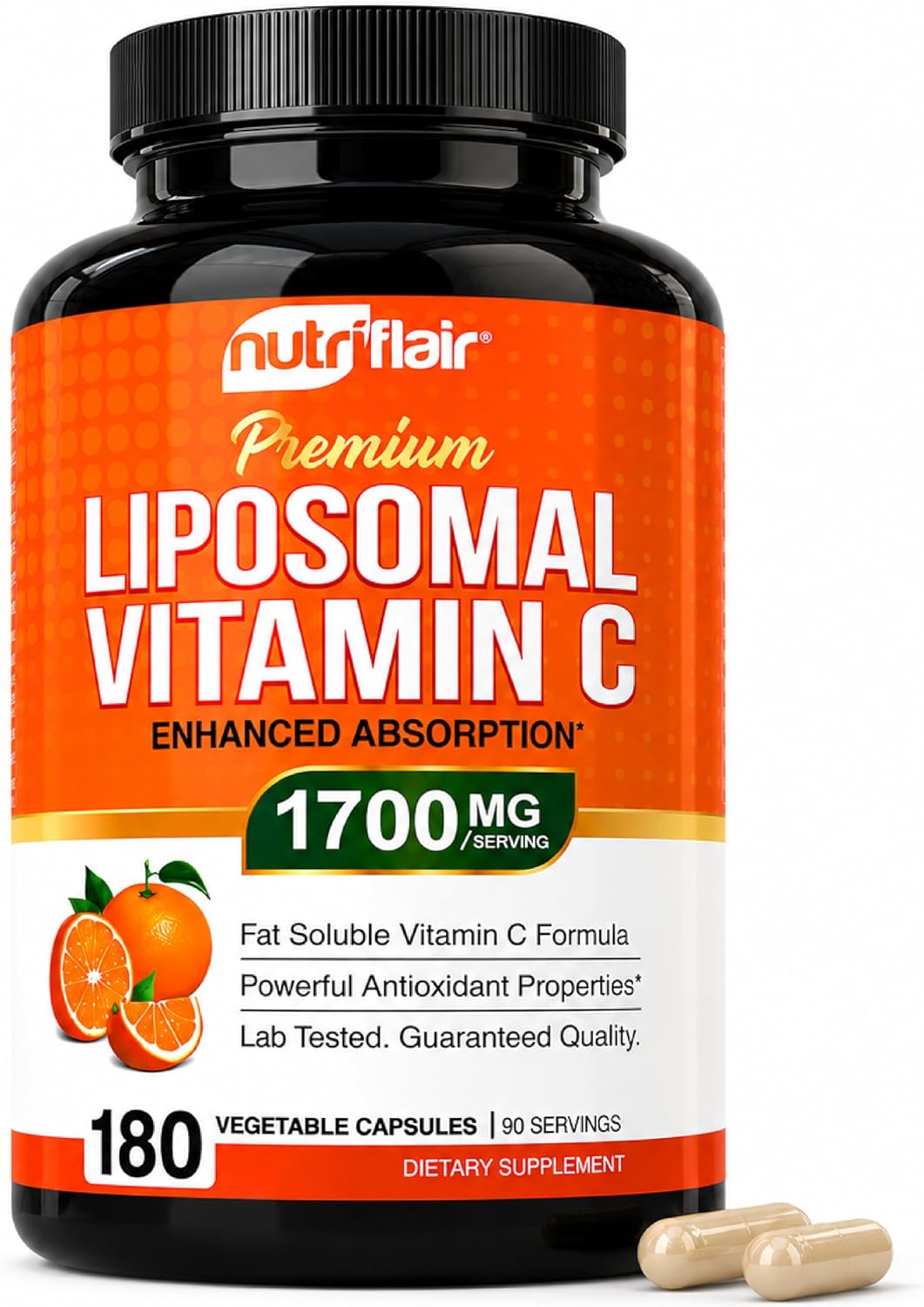 NutriFlair Liposomal Vitamin C 1700mg, 180 Capsules - High Absorption, Fat Soluble VIT C, Higher Bioavailability Immune System Support & Collagen Booster, Non-GMO, Vegan Pills