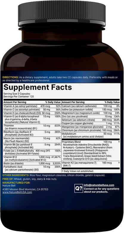 Methylated Multivitamin for Men and Women, 240 Capsules | 27-in-1 Formula with Vitamins B Complex, C, D3, K2, NAD, NAC, CoQ10, Resveratrol, Magnesium, Zinc & More | Daily Essential Vitamins