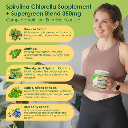 Organic Spirulina Chlorella Gummies + Super Greens, High in Vegan Protein & Chlorophyll, Green Algae + Broccoli，Moringa, Spinach, C, D3, Zinc, B12 for Energy, Gut, Immune, Antioxidant, No Sugar, 60Cts