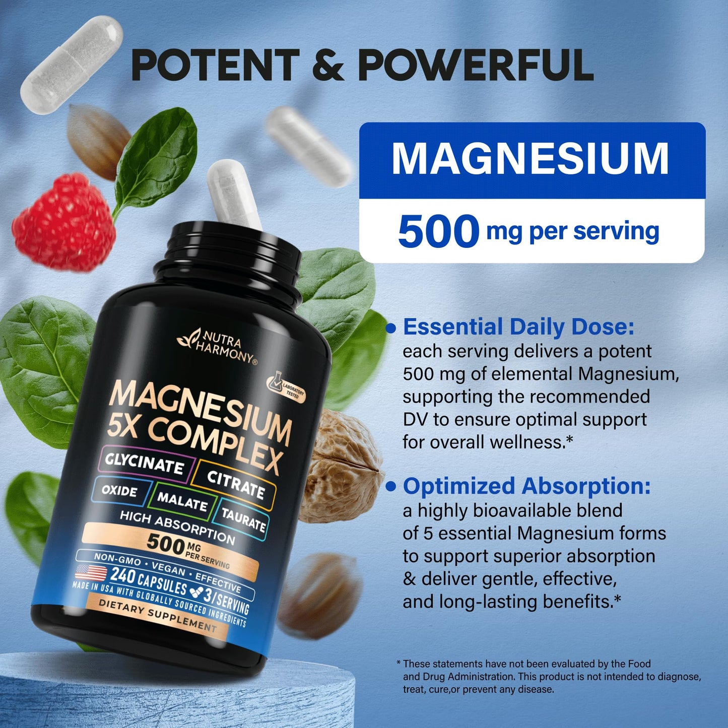 Magnesium Supplement - 5 in 1 Complex | Glycinate | Citrate | Malate | Taurate | Oxide - for Women & Men - Stress, Muscle & Heart Support - Vegan, Natural, Non-GMO - 180 Capsules, 2 Month Supply
