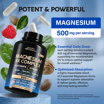 Magnesium Supplement - 5 in 1 Complex | Glycinate | Citrate | Malate | Taurate | Oxide - for Women & Men - Stress, Muscle & Heart Support - Vegan, Natural, Non-GMO - 180 Capsules, 2 Month Supply