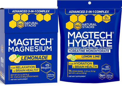 Magtech Magnesium Lemonade & Magtech Hydration Powder with Creatine - Sugar Free Magnesium Powder - Supports Hydration & Brain Health - 34 Total Servings