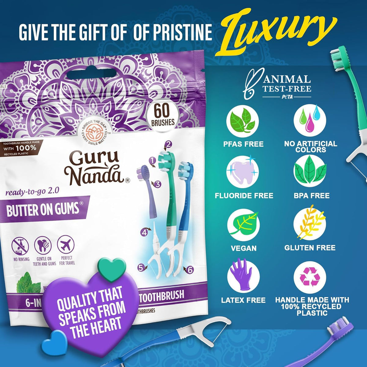 GuruNanda Disposable Travel Toothbrush 2.0, Fluoride Free Toothpaste, 21 ct