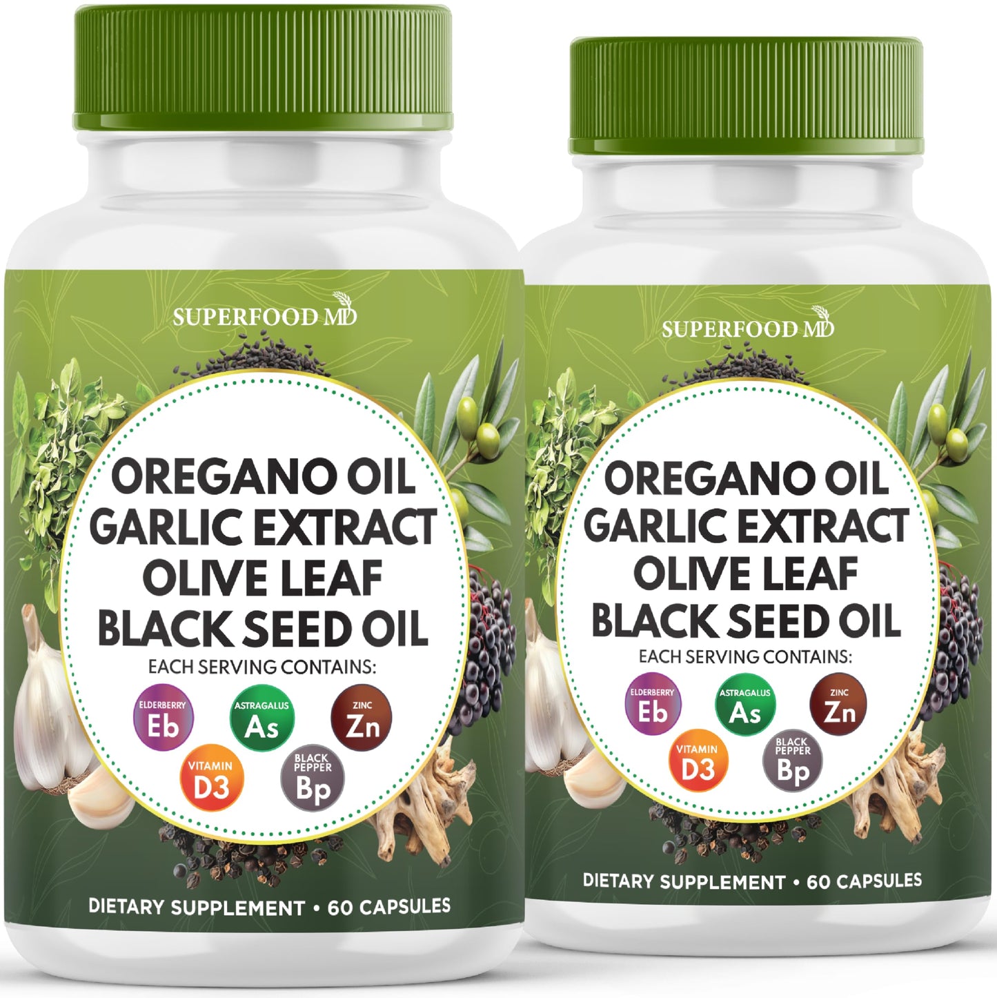 Superfood MD Oregano Oil Garlic Extract Olive Leaf Black Seed Oil Astragalus- for Women and Men- 60 Count