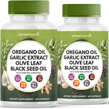 Superfood MD Oregano Oil Garlic Extract Olive Leaf Black Seed Oil Astragalus- for Women and Men- 60 Count