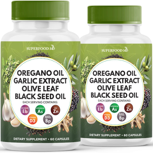 Superfood MD Oregano Oil Garlic Extract Olive Leaf Black Seed Oil Astragalus- for Women and Men- 60 Count