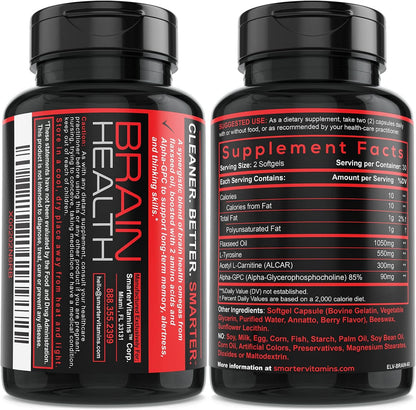 Nootropic Brain Support with Alpha GPC, L-Tyrosine & ALCAR, 60 Softgels | Brain fuel with flaxseed oil to support focus, memory, mental clarity and alertness; berry-flavored liquid softgels.