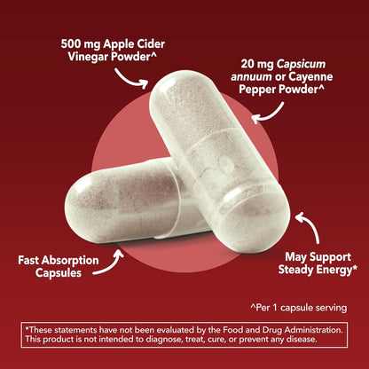 Apple Cider Vinegar Capsules with Cayenne Pepper, 60 Count, 2-Month Supply | 500mg ACV Per Serving for Appetite, Cravings, and Bloating Relief, Vegan, Non-GMO, Easy-to-Take Capsules, 60-Day Supply