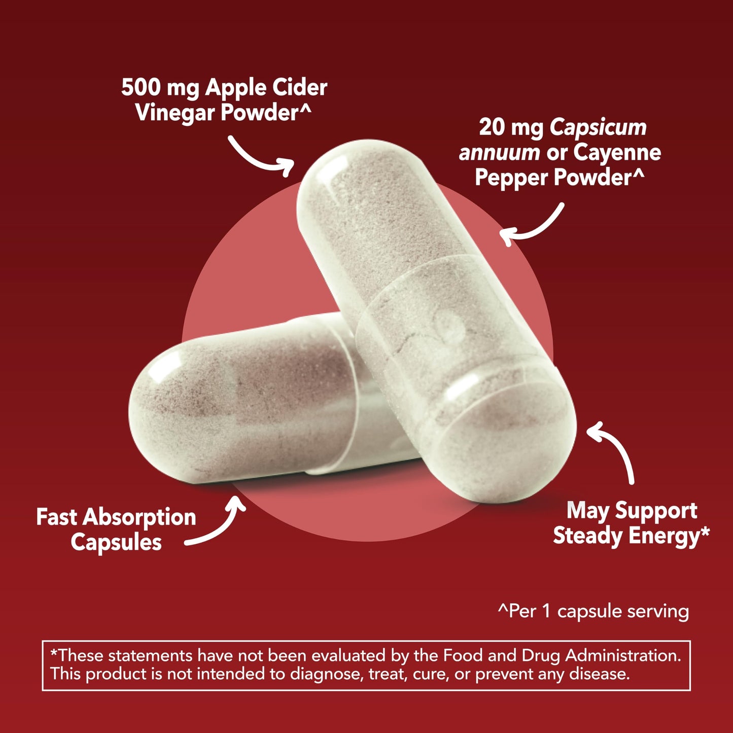 Apple Cider Vinegar Capsules with Cayenne Pepper, 60 Count, 2-Month Supply | 500mg ACV Per Serving for Appetite, Cravings, and Bloating Relief, Vegan, Non-GMO, Easy-to-Take Capsules, 60-Day Supply