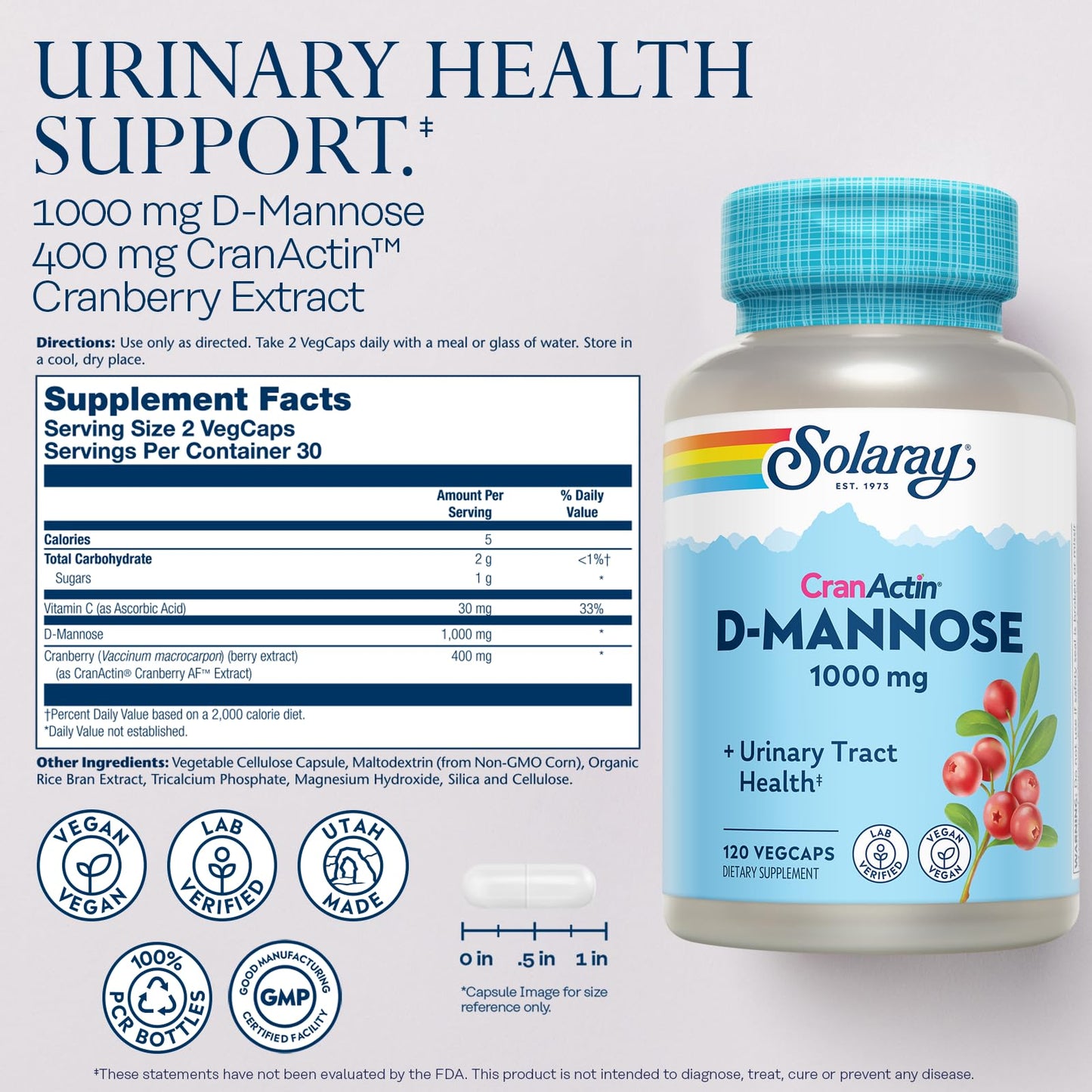 Solaray D-Mannose 1000mg with CranActin Cranberry Supplement 400mg, Urinary Tract Health & Bladder Support Capsules with Vitamin C, Vegan, 60 Day Guarantee, 75 Servings, 150 VegCaps