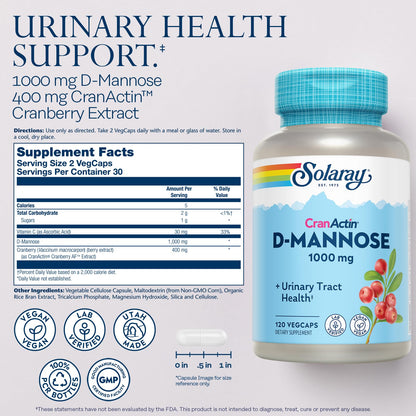 Solaray D-Mannose 1000mg with CranActin Cranberry Supplement 400mg, Urinary Tract Health & Bladder Support Capsules with Vitamin C, Vegan, 60 Day Guarantee, 75 Servings, 150 VegCaps