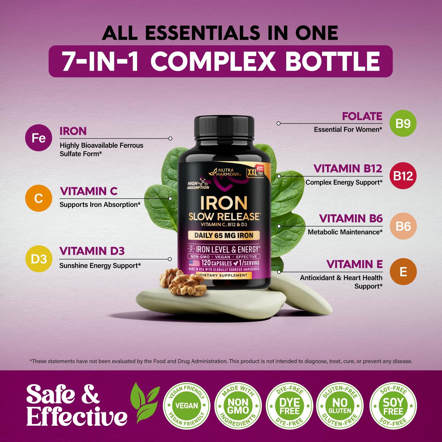 Iron Supplement for Women - Iron 65mg (Ferrous Sulfate 325mg) - Stomach Friendly | Slow Release | High Absorption - Vitamins C, D3, B6, B12 & Folate - Energy Support - 60 Capsules, 2 Month Supply